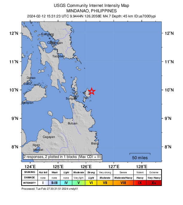 USGS DYFI community-reported intensity map for the M4.7 earthquake near 14 km NE of Pilar, Philippines