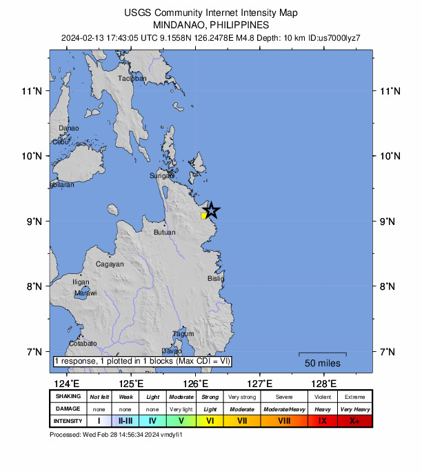 USGS DYFI community-reported intensity map for the M4.8 earthquake near 9 km ESE of Mabahin, Philippines