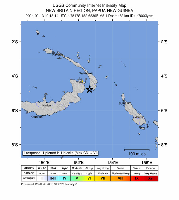 USGS DYFI community-reported intensity map for the M5.1 earthquake near 64 km SE of Kokopo, Papua New Guinea