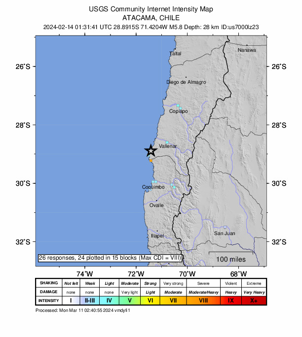 USGS DYFI community-reported intensity map for the M5.8 earthquake near 73 km WSW of Vallenar, Chile