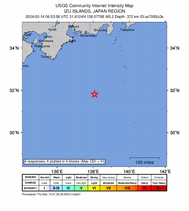 USGS DYFI community-reported intensity map for the M5.2 earthquake near 283 km SE of Kushimoto, Japan
