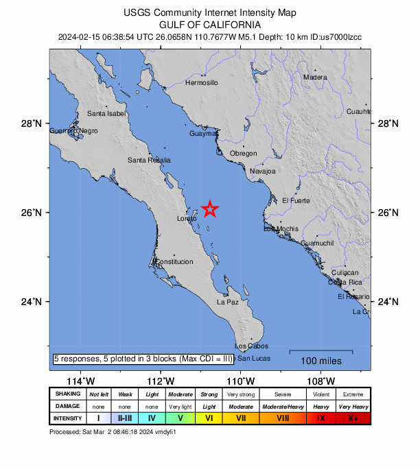 USGS DYFI community-reported intensity map for the M5.1 earthquake near 68 km ENE of Loreto, Mexico