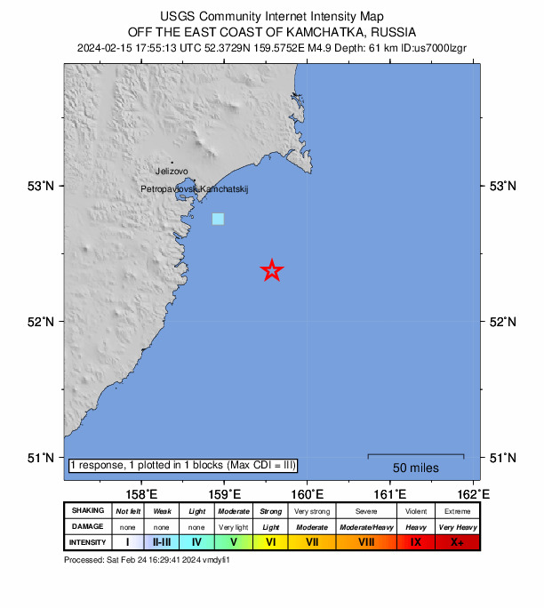USGS DYFI community-reported intensity map for the M4.9 earthquake near 100 km SE of Petropavlovsk-Kamchatsky, Russia