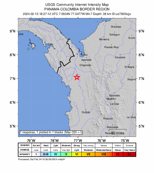 USGS DYFI community-reported intensity map for the M4.7 earthquake near 26 km WNW of Murindó, Colombia