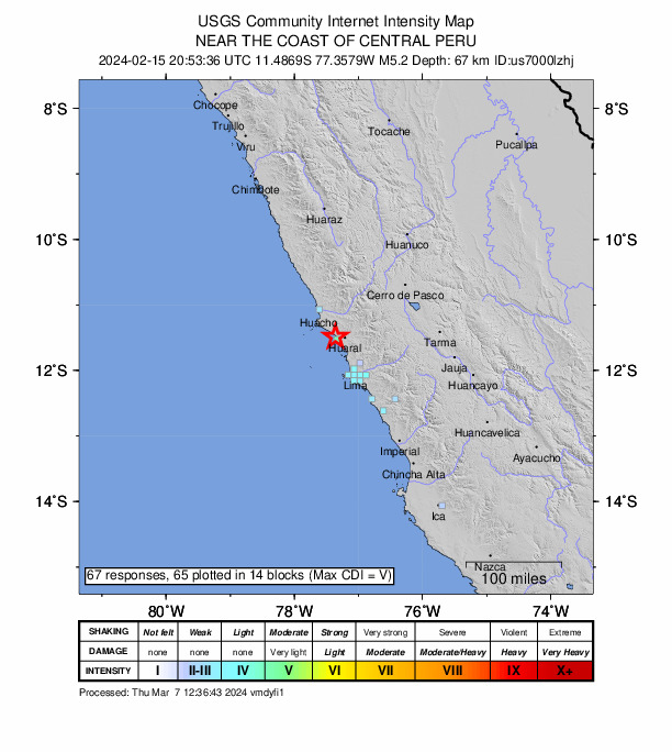 USGS DYFI community-reported intensity map for the M5.2 earthquake near 13 km NW of Chancay, Peru