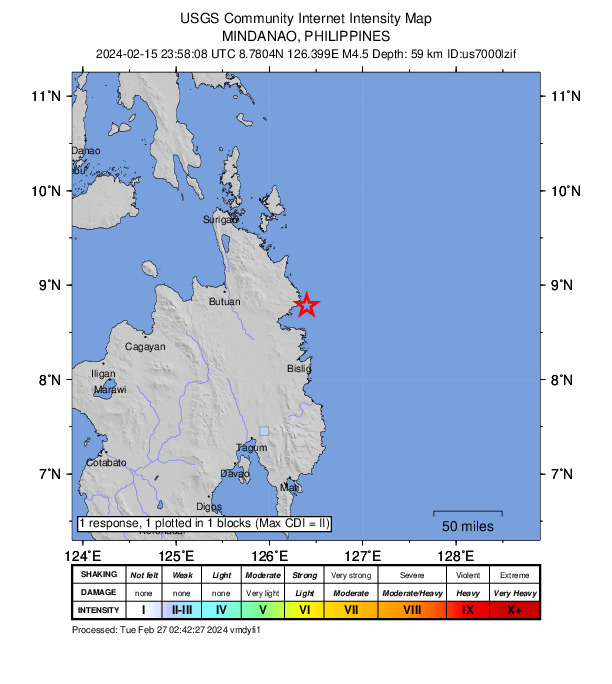 USGS DYFI community-reported intensity map for the M4.5 earthquake near 11 km ESE of Marihatag, Philippines