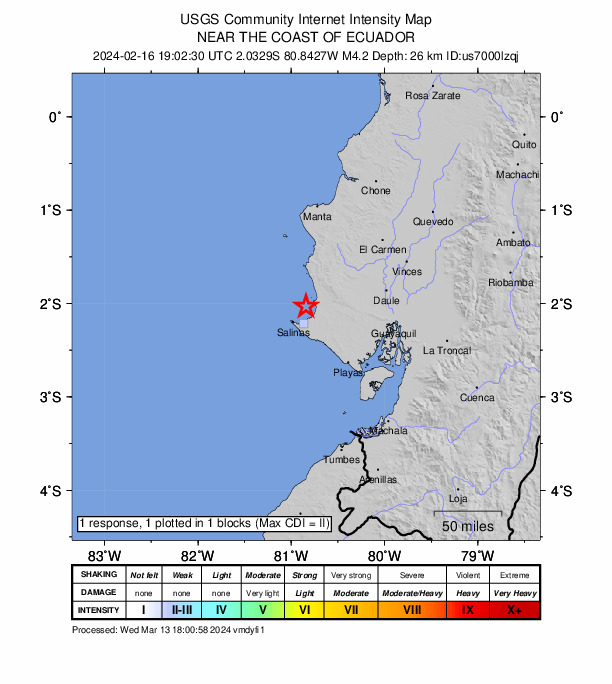 USGS DYFI community-reported intensity map for the M4.2 earthquake near 26 km NNE of Santa Elena, Ecuador