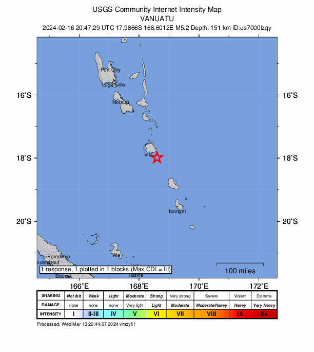 USGS DYFI community-reported intensity map for the M5.2 earthquake near 35 km SE of Port-Vila, Vanuatu