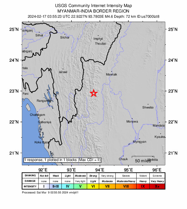 USGS DYFI community-reported intensity map for the M4.6 earthquake near 10 km E of Falam, Myanmar