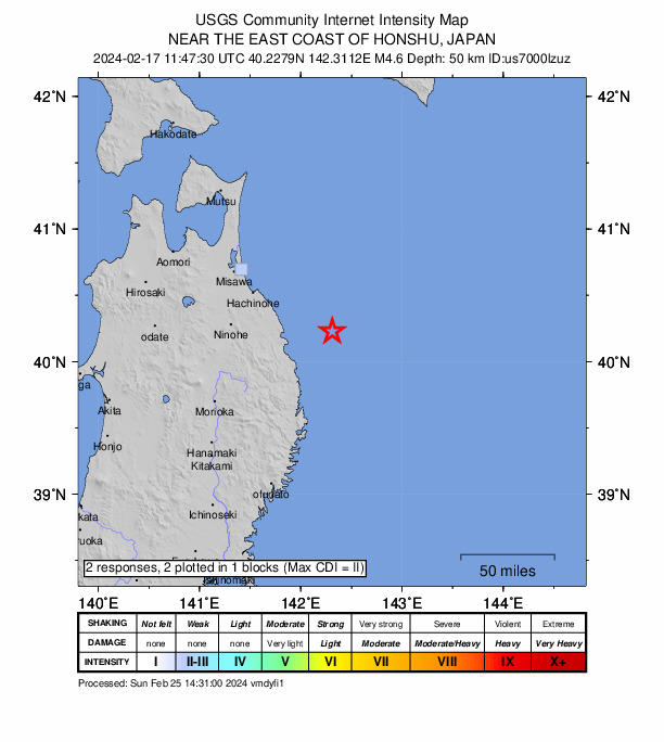 USGS DYFI community-reported intensity map for the M4.6 earthquake near 44 km ENE of Noda, Japan