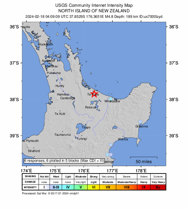 USGS DYFI community-reported intensity map for the M4.8 earthquake near 12 km SW of Maketu, New Zealand