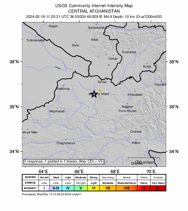 USGS DYFI community-reported intensity map for the M4.8 earthquake near 23 km SSW of Balkh, Afghanistan