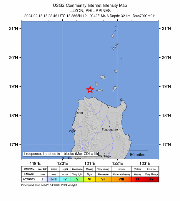 USGS DYFI community-reported intensity map for the M4.6 earthquake near 31 km NNW of Claveria, Philippines