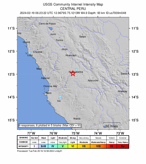 USGS DYFI community-reported intensity map for the M4.9 earthquake near 11 km NW of Huachocolpa, Peru