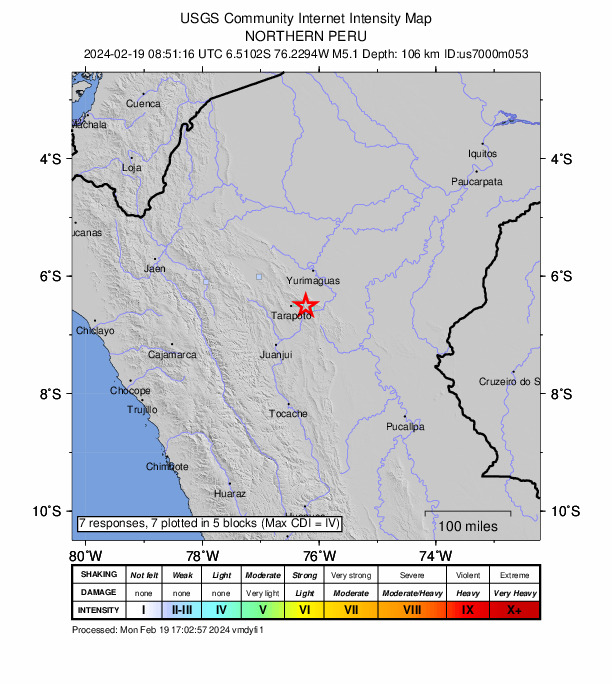 USGS DYFI community-reported intensity map for the M5.1 earthquake near 12 km NNW of Chazuta, Peru
