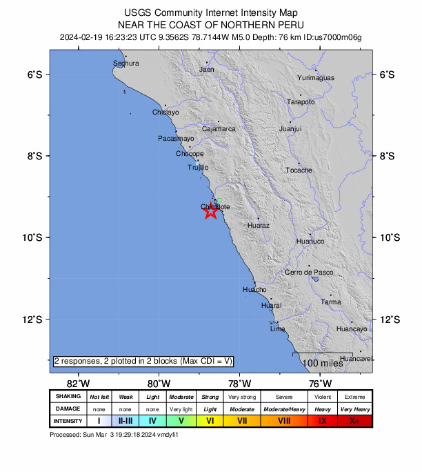 USGS DYFI community-reported intensity map for the M5.0 earthquake near 33 km SSW of Chimbote, Peru