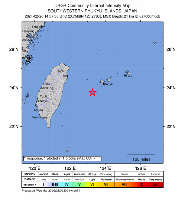 USGS DYFI community-reported intensity map for the M5.0 earthquake near 84 km SSE of Yonakuni, Japan
