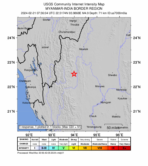 USGS DYFI community-reported intensity map for the M4.9 earthquake near 41 km ESE of Hakha, Myanmar