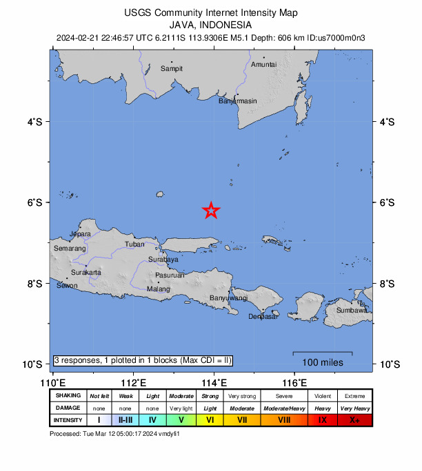 USGS DYFI community-reported intensity map for the M5.1 earthquake near 88 km N of Sumenep, Indonesia