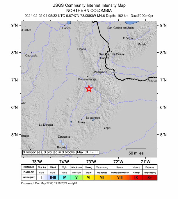 USGS DYFI community-reported intensity map for the M4.6 earthquake near 6 km S of Jordán, Colombia