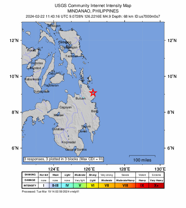 USGS DYFI community-reported intensity map for the M4.9 earthquake near 3 km ESE of Tandag, Philippines