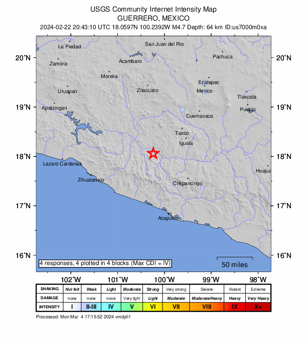 USGS DYFI community-reported intensity map for the M4.7 earthquake near 21 km S of Valle Luz, Mexico