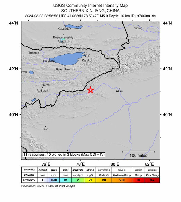 USGS DYFI community-reported intensity map for the M5.0 earthquake near 131 km W of Aykol, China