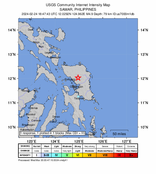 USGS DYFI community-reported intensity map for the M4.9 earthquake near 6 km WSW of San Jose de Buan, Philippines