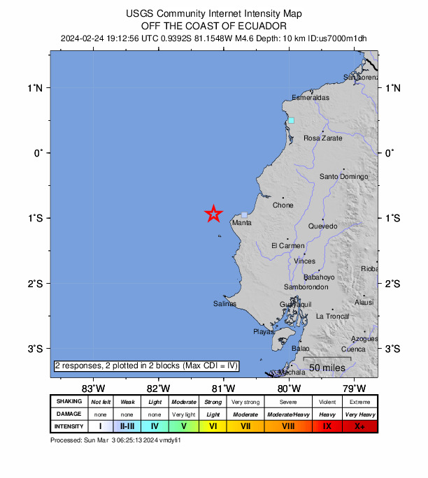 USGS DYFI community-reported intensity map for the M4.6 earthquake near 49 km W of Manta, Ecuador