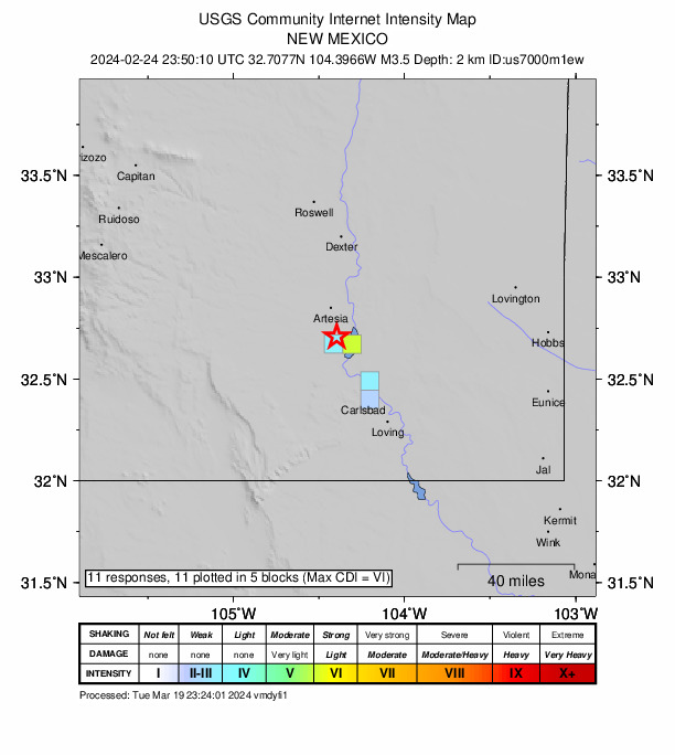 USGS DYFI community-reported intensity map for the M3.5 earthquake near 6 km S of Atoka, New Mexico