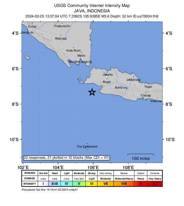 USGS DYFI community-reported intensity map for the M5.6 earthquake near 79 km WSW of Pelabuhanratu, Indonesia