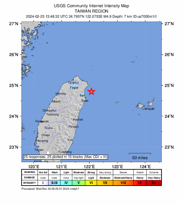 USGS DYFI community-reported intensity map for the M4.9 earthquake near 32 km E of Yilan, Taiwan