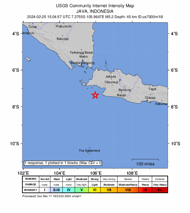USGS DYFI community-reported intensity map for the M5.2 earthquake near 77 km WSW of Pelabuhanratu, Indonesia