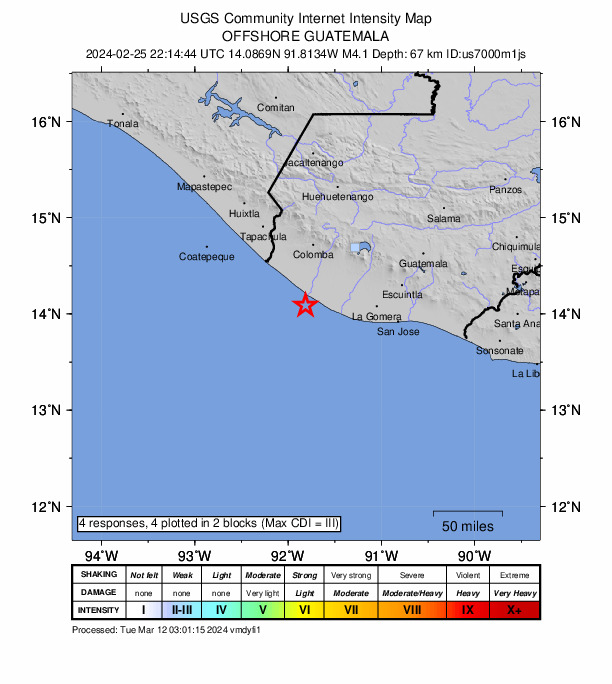 USGS DYFI community-reported intensity map for the M4.1 earthquake near 25 km SSE of Champerico, Guatemala