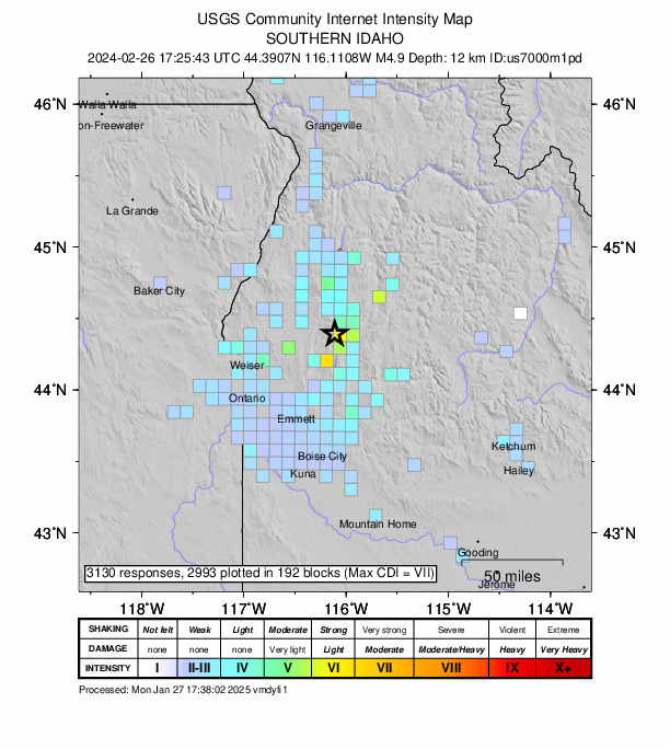 USGS DYFI community-reported intensity map for the M4.9 earthquake near 10 km N of Smiths Ferry, Idaho