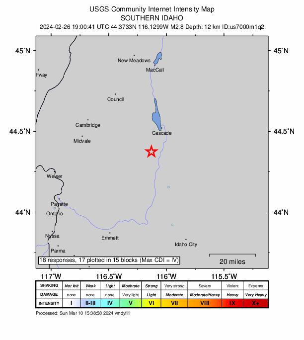 USGS DYFI community-reported intensity map for the M2.8 earthquake near 8 km NNW of Smiths Ferry, Idaho