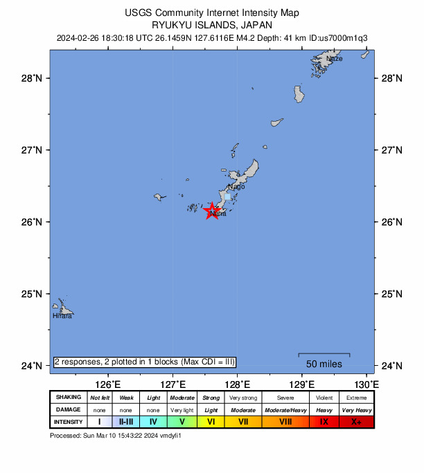 USGS DYFI community-reported intensity map for the M4.2 earthquake near 6 km WNW of Itoman, Japan