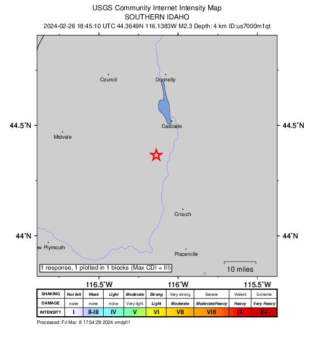 USGS DYFI community-reported intensity map for the M2.3 earthquake near 8 km NNW of Smiths Ferry, Idaho