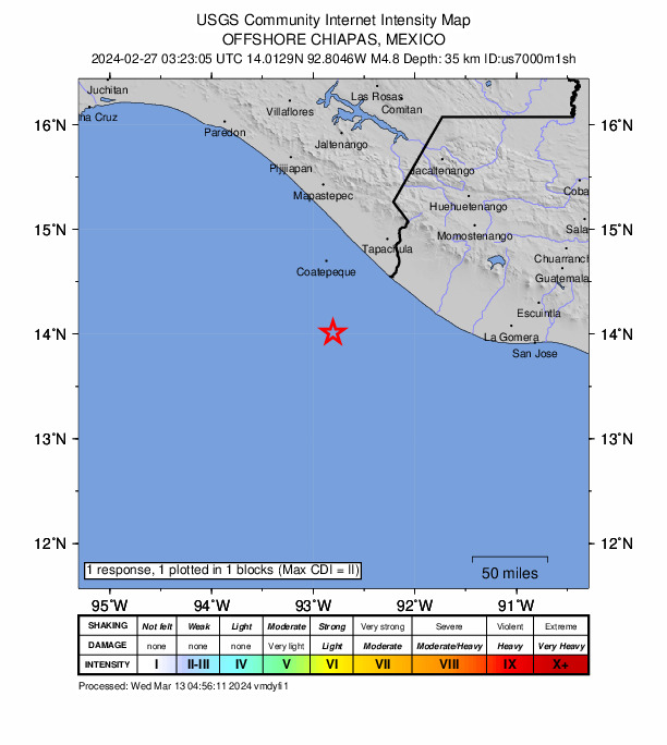 USGS DYFI community-reported intensity map for the M4.8 earthquake near 84 km SW of Brisas Barra de Suchiate, Mexico