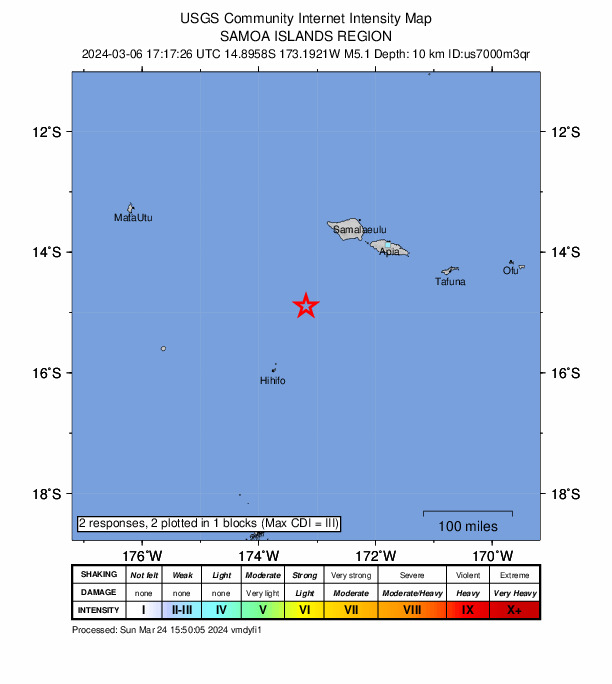 USGS DYFI community-reported intensity map for the M5.1 earthquake near 133 km NNE of Hihifo, Tonga