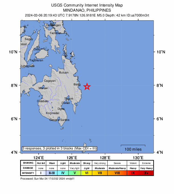 USGS DYFI community-reported intensity map for the M5.0 earthquake near 47 km ENE of Kinablangan, Philippines