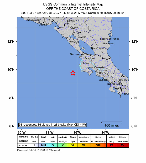 USGS DYFI community-reported intensity map for the M5.6 earthquake near 78 km SW of Tamarindo, Costa Rica