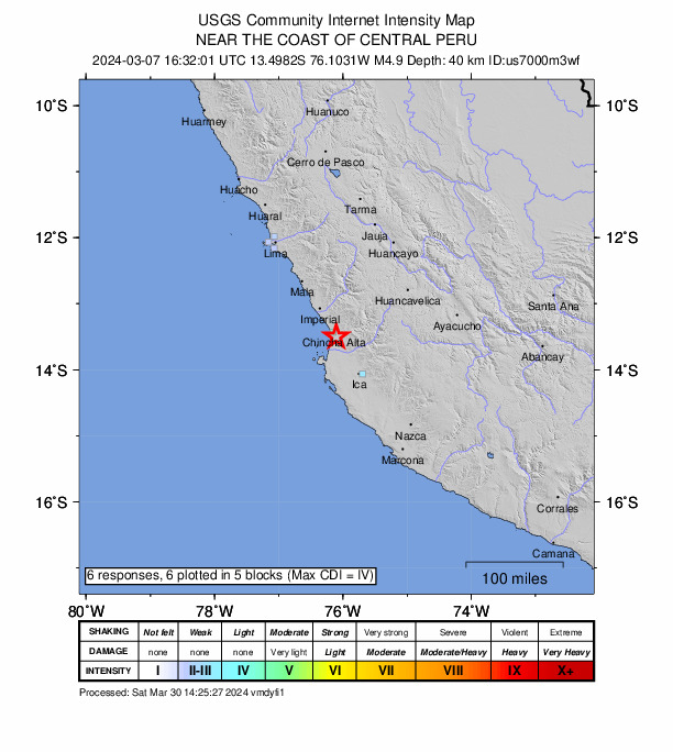 USGS DYFI community-reported intensity map for the M4.9 earthquake near 10 km SSE of Chincha Alta, Peru