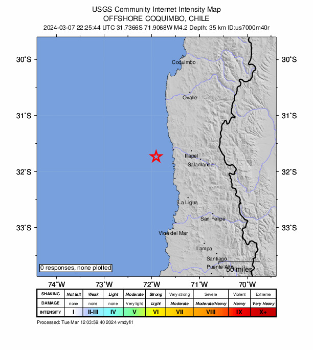 USGS DYFI community-reported intensity map for the M4.2 earthquake near 70 km W of Illapel, Chile
