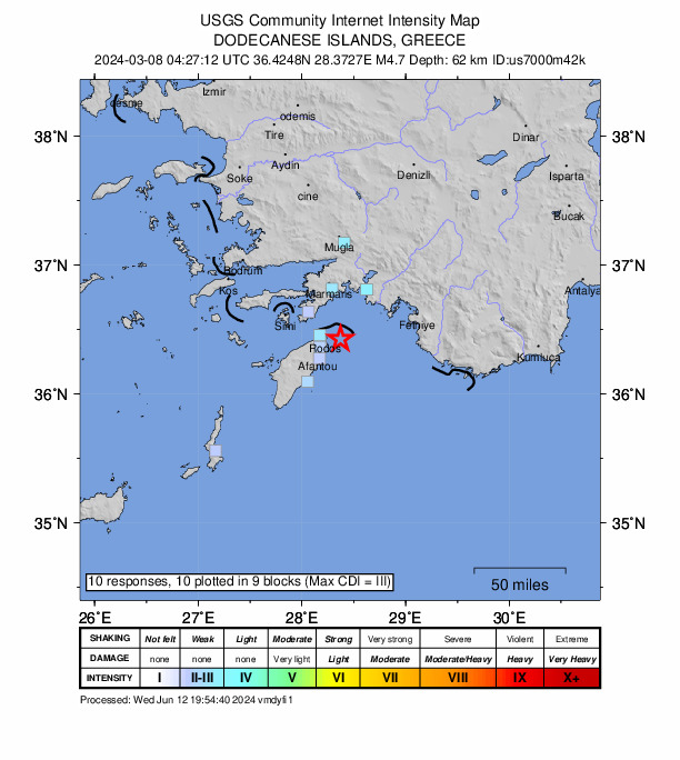 USGS DYFI community-reported intensity map for the M4.7 earthquake near 13 km E of Ródos, Greece