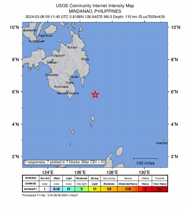 USGS DYFI community-reported intensity map for the M6.0 earthquake near 103 km SE of Pondaguitan, Philippines