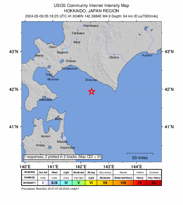 USGS DYFI community-reported intensity map for the M4.9 earthquake near 42 km SW of Urakawa, Japan
