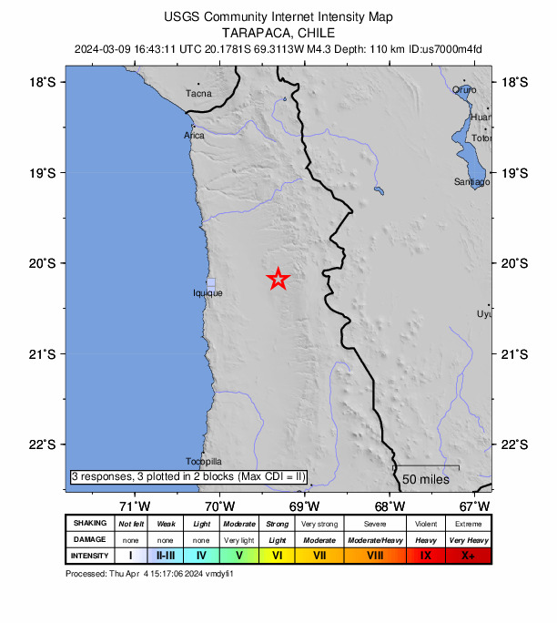 USGS DYFI community-reported intensity map for the M4.3 earthquake near 40 km ENE of La Tirana, Chile