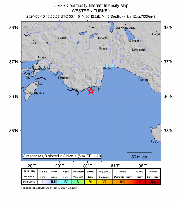 USGS DYFI community-reported intensity map for the M4.8 earthquake near 16 km S of Finike, Turkey