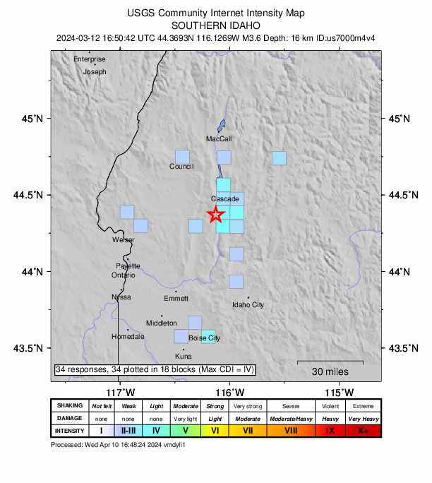 USGS DYFI community-reported intensity map for the M3.5 earthquake near 8 km NNW of Smiths Ferry, Idaho